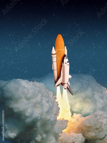Fototapeta Naklejka Na Ścianę i Meble -  Cloudy launch of rocket into starry outer space. 