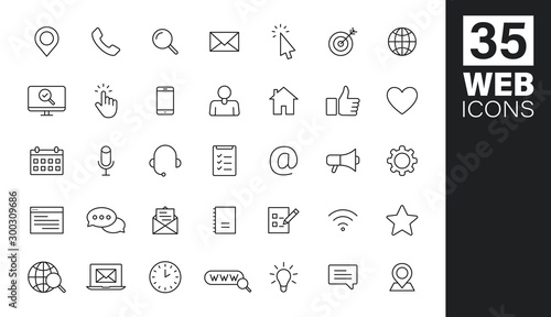 Set of 35 Web Icons. Business Card icons. Name, phone, mobile, location, place, mail, fax, web. Contact us, information, communication. Vector illustration.