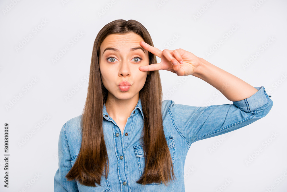 Portrait of charming cute girl have romantic date with her lover send air kisses make v-sign wear casual style clothes isolated over white color background Portrait of charming cute girl have romantic date with her lover send air kisses make v-sign wear casual style clothes isolated over white color background