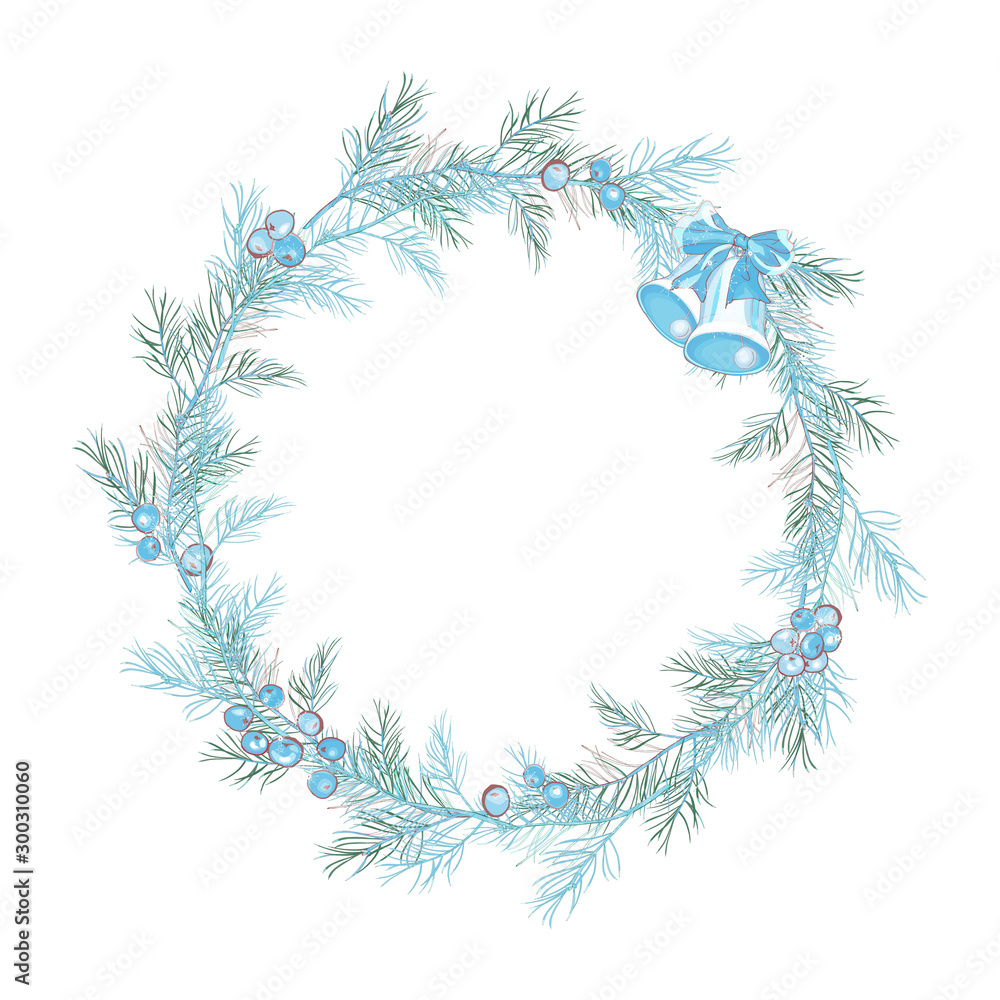 Blue wreath with Christmas tree branches, berries, bells and bow on white. Decoration for festive season design, advertisement, greeting cards, invitation, posters. Vintage style. Vector. Blue wreath with Christmas tree branches, berries, bells and bow on white. Decoration for festive season design, advertisement, greeting cards, invitation, posters. Vintage style. Vector.