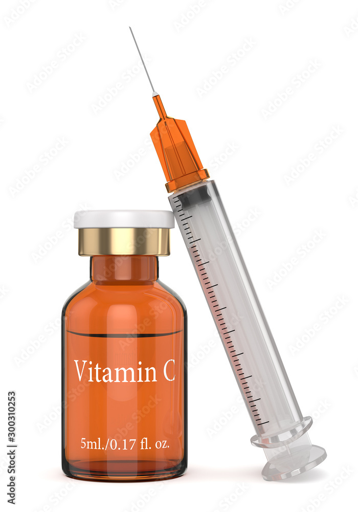 3d render of vitamin C glass bottle with syringe 3d render of vitamin C glass bottle with syringe