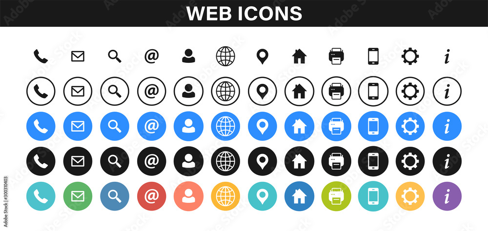 Vecteur Stock Set of Business Card icons. Name, phone, mobile, location,  place, mail, fax, web. Contact us, information, communication. Vector  illustration. | Adobe Stock