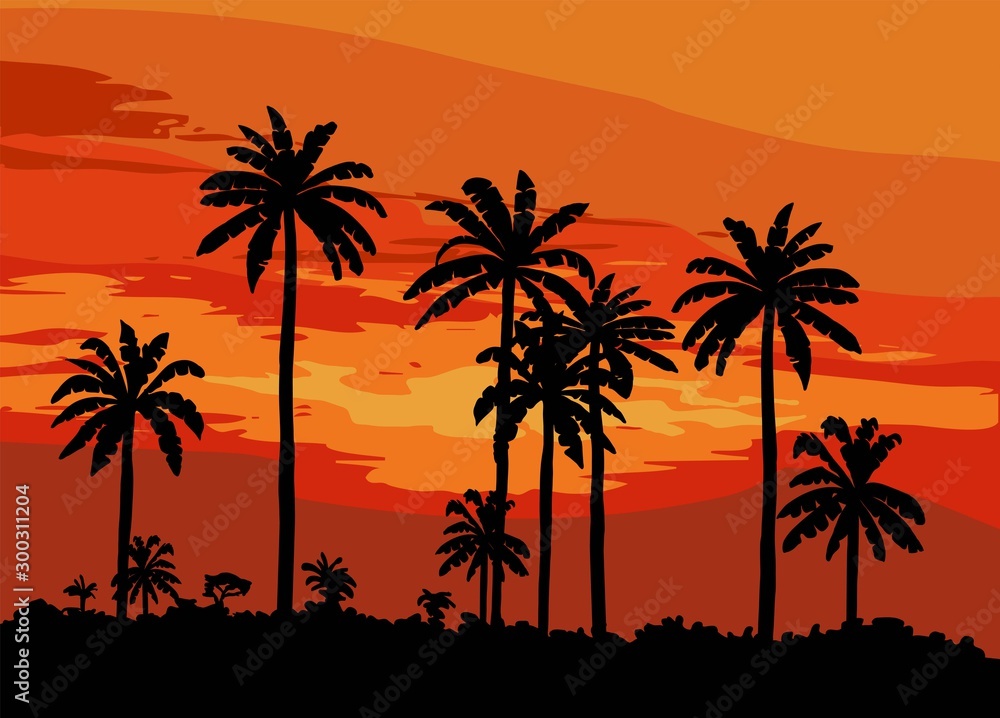 sunset on a tropical island. color illustration