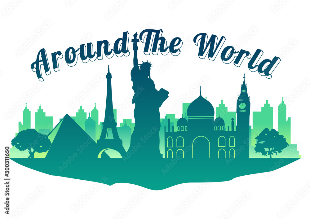 world top famous landmark silhouette style on island  famous landmark silhouette style,around the world,travel and tourism,vector illustration