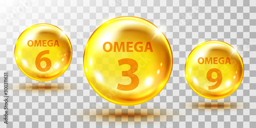 Gold fish oil pills isolated on transparent. Omega 3, 6 and 9 gel capsule. Jelly fish oil tablet.
