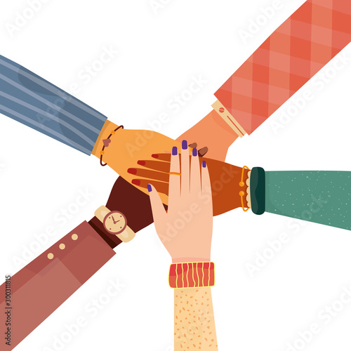 Modern vector illustration of international team building. Concept of team work. Multinational and different sexual orientation people. Business partners with stack of hands photo