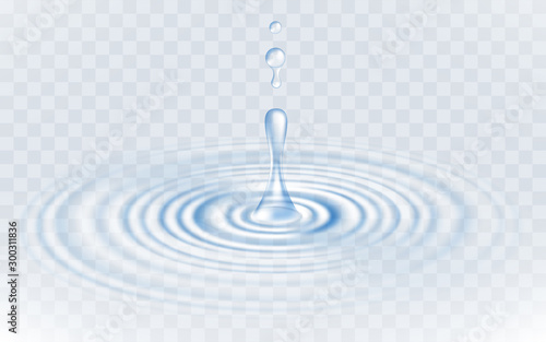 Realistic vector transparent drops and circle ripple on the water isolated on a transparent background.