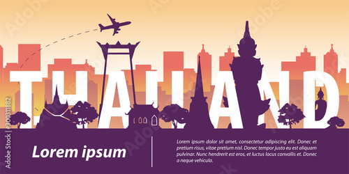 Thailand top famous landmark silhouette style,Thailand text within,travel and tourism,vector illustration