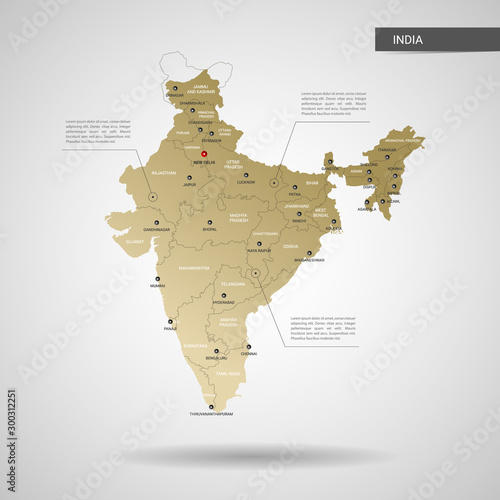 Stylized vector India map.  Infographic 3d gold map illustration with cities, borders, capital, administrative divisions and pointer marks, shadow; gradient background. 