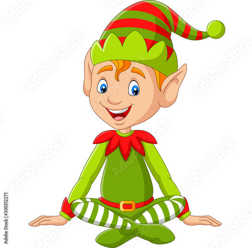 Cartoon happy Christmas elf sitting
