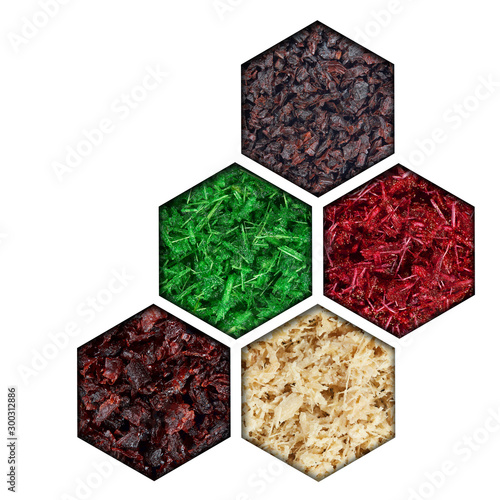 Mix of shisha with the aroma of fresh mint, cherry, coconut, Apple, grapes, located behind the hexagonal holes with shadows from them, stand out on a white background.