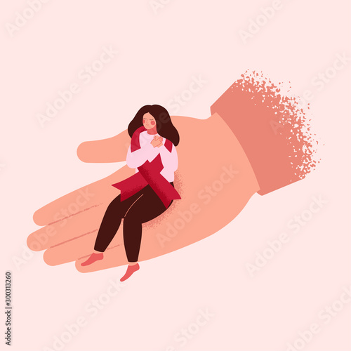 Young woman folded her arms in support for people with HIV / AIDS. Human hand helps a sick aids girl with red ribbon. Vector medical illustration