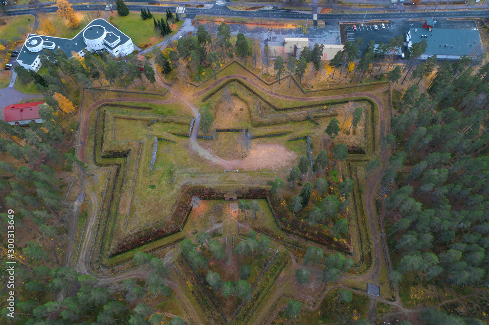 Top view of the ancient Taavetti fortress (Davydovskaya fortress) on a cloudy October day. Finland