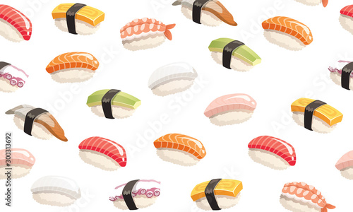  Sushi seamless pattern. Colorful pattern with different nigiri sushi.