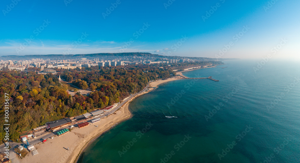 Varna, Bulgaria cityscape, aerial drone view over the city skyline