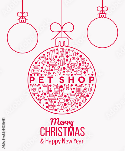 Concept with pet shop products in Christmas ball with thin line icons: pet feeders, cat toys, doggie doors, dental hygiene, muzzle, snacks. Vector illustration for sale or discount