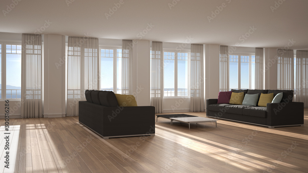 Fototapeta premium Open space with sofa interior design, modern living room, lounge with big panoramic windows with curtains and sea view, parquet, stucco molded walls, classic architecture concept