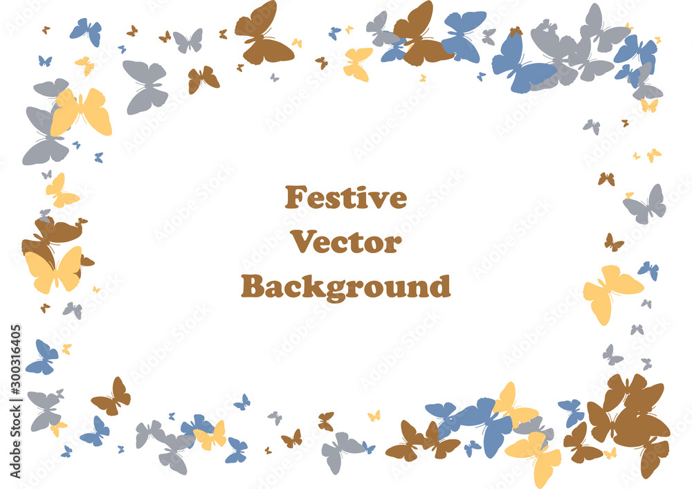 Fototapeta premium Festive butterfly confetti background. Frame vector pattern texture for holiday, postcard, poster, carnival, banner, birthday and children's parties. Butterfly cover mock-up. Wedding butterfly layout