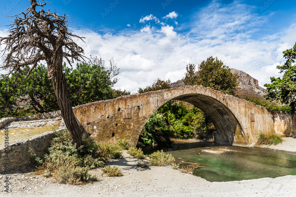 Medieval stone bridge over a mountain river