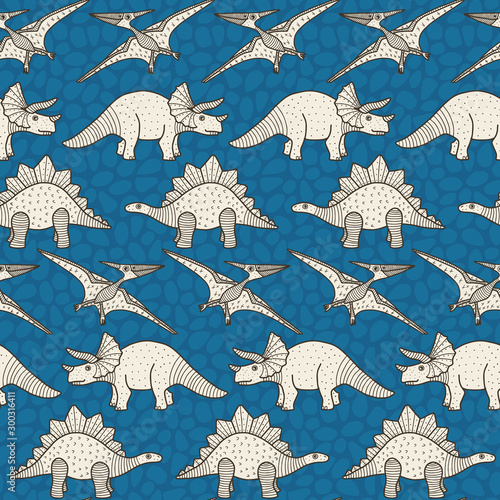 Vector dino horizontal seamless pattern in blue. Simple doodle dinosaur and texture rock background hand drawn made into repeat. Great for background, wallpaper, wrapping paper, packaging, kids