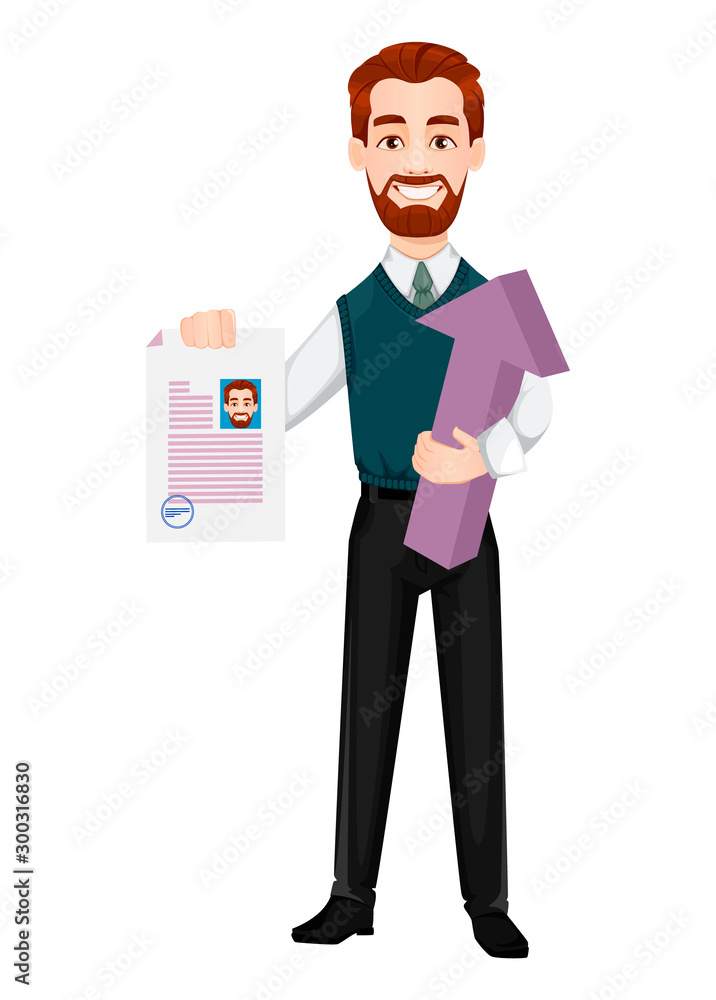 Handsome businessman holds resume and arrow Handsome businessman holds resume and arrow