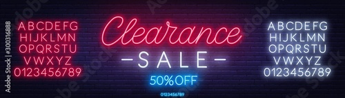 Clearance sale neon sign on dark background. Neon alphabet on a dark background. Template for design.