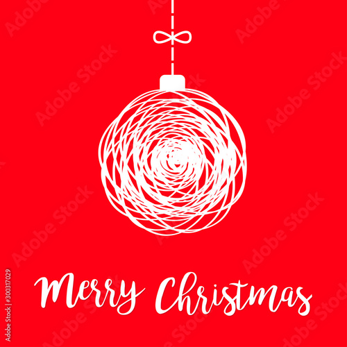 Christmas ball icon doodle line. Hanging bauble toy with bow. Dash line. White color. Happy New Year sign symbol. Red background. Isolated. Flat design style.