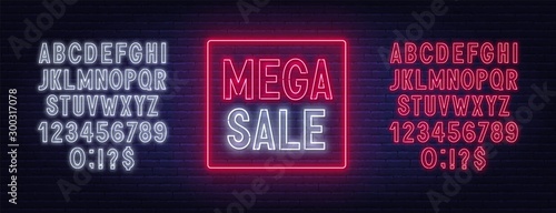 Mega sale neon sign on dark background. Discount template. Neon alphabet on a dark background. Template for design.