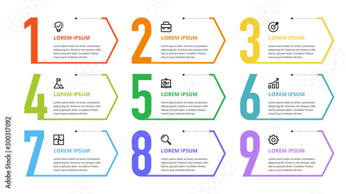 Nine colorful numbers or figures and rectangular elements or cards with place for text. Infographic design template. Creative vector illustration for business options, steps, processes.