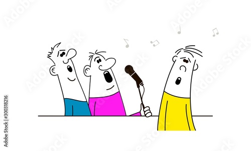 Men singing karaoke, holding microphones, cartoon vector illustration isolated on white background, competition, party, celebration.