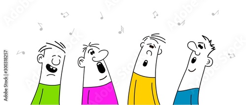 Men singing karaoke, cartoon vector illustration isolated on white background, competition, party, celebration.