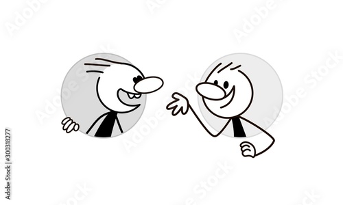 Two people talking. Stick figures in a round hole. Emotion expression concept design