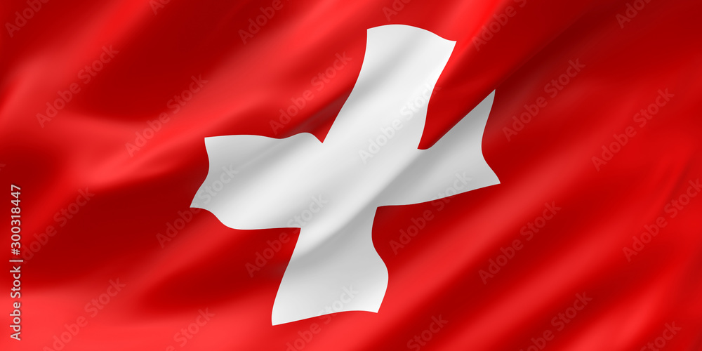 National Fabric Wave Closeup Flag of Switzerland Waving in the Wind. 3d rendering illustration.