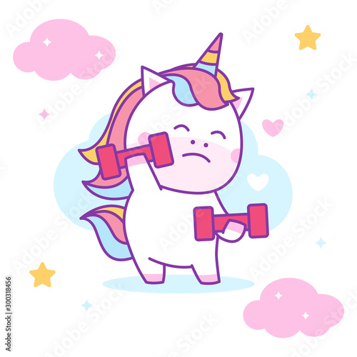 Cute unicorn lifting barbels, perfect for kids fabric and greeting card