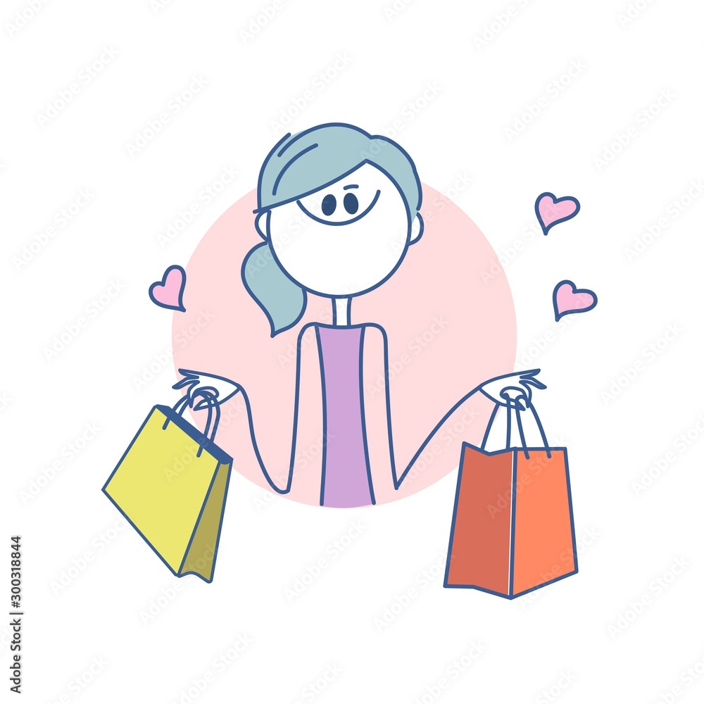 Girl in a round hole. Happy shopper. The girl holds packages. Big Sale. Stick woman. Vector. Girl in a round hole. Happy shopper. The girl holds packages. Big Sale. Stick woman. Vector.