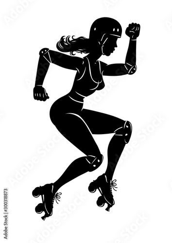 Roller silhouette derby girl. The girl is wearing protection, knee pads, elbow pads and helmet.