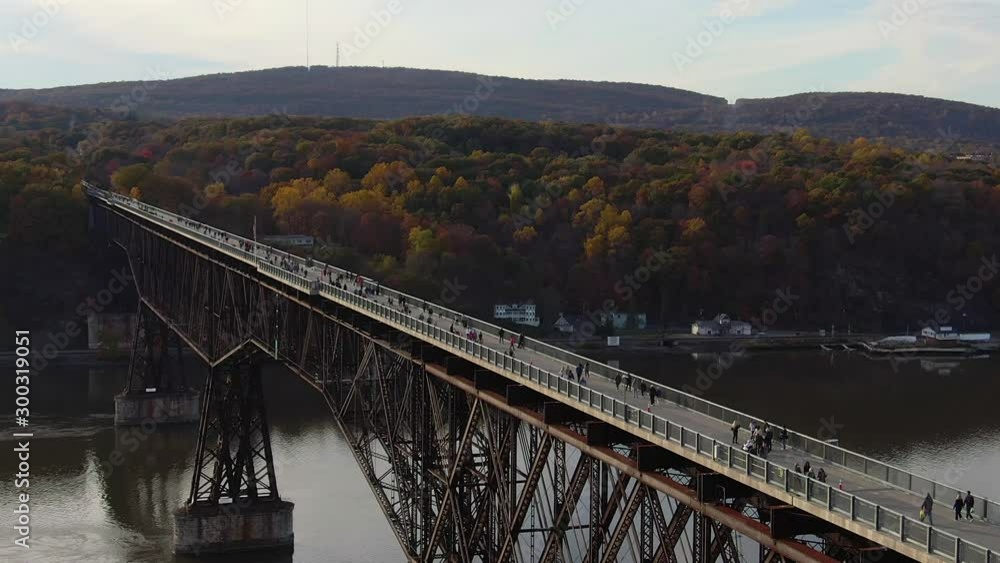 Aerial view of Walkway over Hudson River bridge with colorful Autumn foliage Aerial view of Walkway over Hudson River bridge with colorful Autumn foliage
