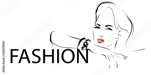 Hand-drawn portrait of young woman. Face of beautiful girl with makeup. Fashion illustration in sketch style. Vector