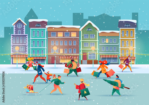 Vector christmas city street people with presents