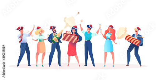 Vector flat office workers celebrate christmas a