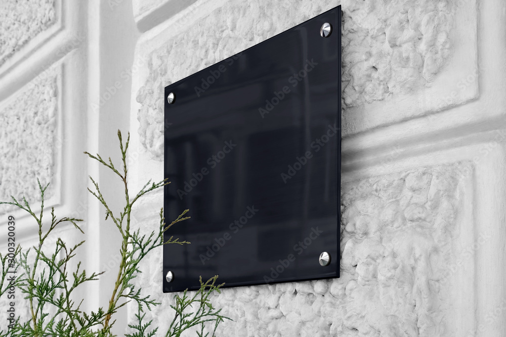Behang Blank black glass signboard on gray textured wall mockup