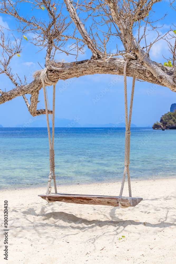 Wooden swing hang under tree at Koh Phak Bia Island, Krabi, Thailand Wooden swing hang under tree at Koh Phak Bia Island, Krabi, Thailand
