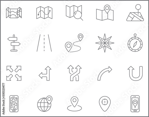 Set of map and navigation Icons line style. Included the icons as map, direction, compass, gps navigation, route, direction sign, globe and more. customize color, stroke width control , easy resize.