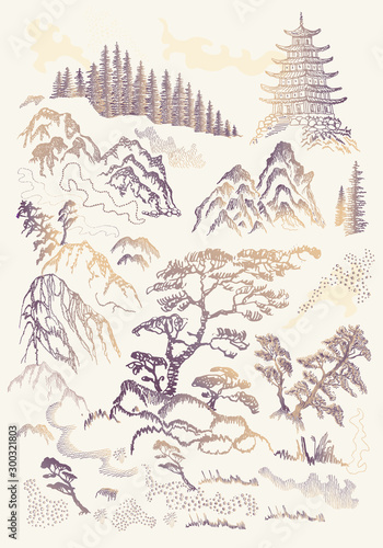 Vector set of hand drawn sketches in Japanese and Chinese nature ink illustration sumi-e tradition. Textured fir pine tree, pagoda temple, mountain, river, pond, grass, rock on a beige background