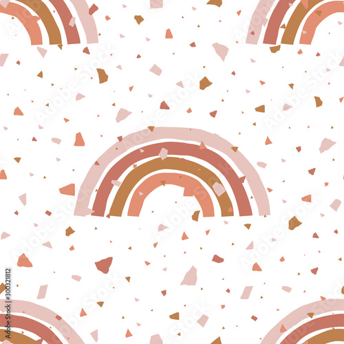 Abstract seamless pattern with terrazzo and simple geometric rainbows. Simple stripy arc bows on terracotta mozaic texture. Childish vector background in Scandinavian style in earth colours palette.