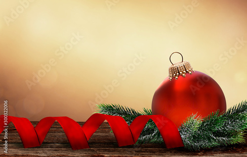 Glänzend Rote Weihnachtskugel mit Schleifen Band und Tannenzweig