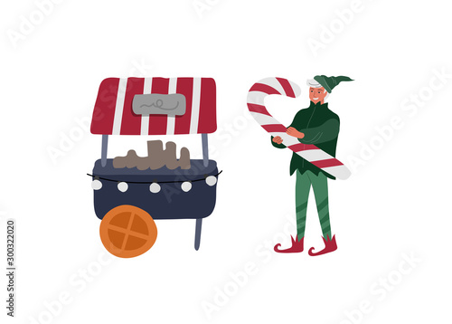 Christmas holiday greeting card with Elf who holds big candy next to sweets stall. New Year card with snowy cityscape. Winter landscape with festive typography. Vector cartoon