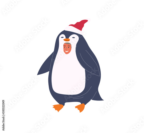 Christmas holiday boy animator in penguin costume. New Year greeting card. Vector cartoon illustratio