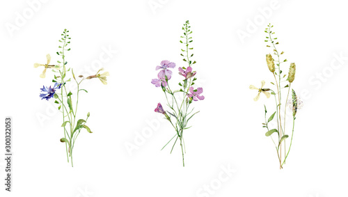 Small watercolor bouquets of wildflowers on a white background. For greetings, invitations, weddings, birthday and anniversary
