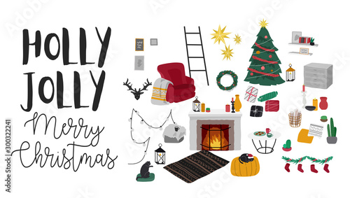 Christmas home decorations Scandinavian interior set. Cozy Winter holiday season. Illustration and New year typography in Hygge style